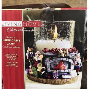 Living Home Xmas Hurricane Lamp Santa/elves Around Fireplace Crackle Glass W/Box